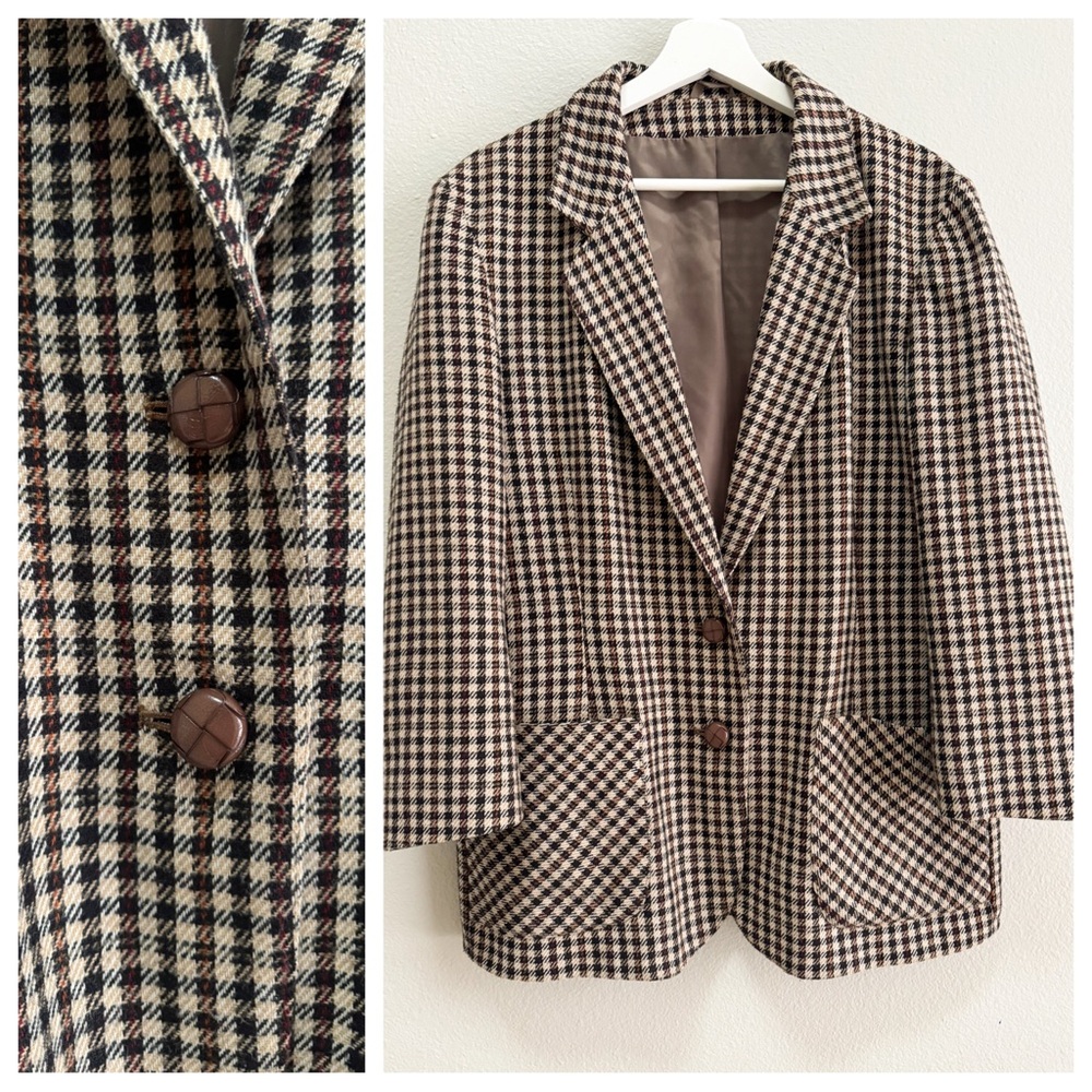 EUC LittleWoods wool blend checked plaid oversized academia blazer in brown/tan.